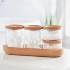 B&M Storage Jars 5pk -B&M 373970 set of 4 glass storage jars with cork lids and tray