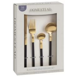 B&M Homestead Matte Black & Gold Cutlery Set 16pc -B&M 375296 homestead 16 piece black and gold cutlery