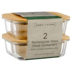 B&M Rectangular Glass Food Containers With Bamboo Lids 2pk -B&M 376824 2pk regular glass food containers1