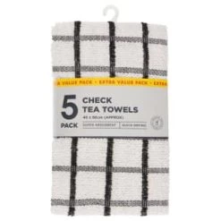 B&M Essentials Check Tea Towels - Black 5pk