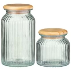 B&M Large Ribbed Glass Jar With Wooden Lid -B&M 394426 394427 ribbed glass jar with wooden lid group